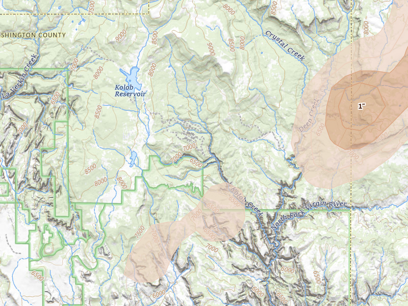 Radar-estimated hail-size map of the storm over Virgin, UT on Aug 31, 2026