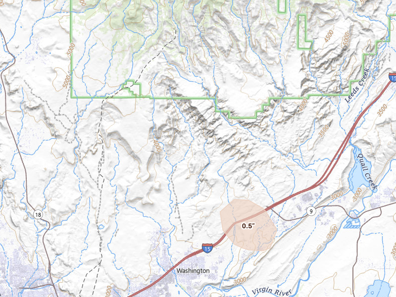 Radar-estimated hail-size map of the storm over Washington, UT on Jul 18, 2026