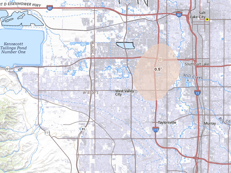 Radar-estimated hail-size map of the storm over West Valley City, UT on Aug 14, 2026
