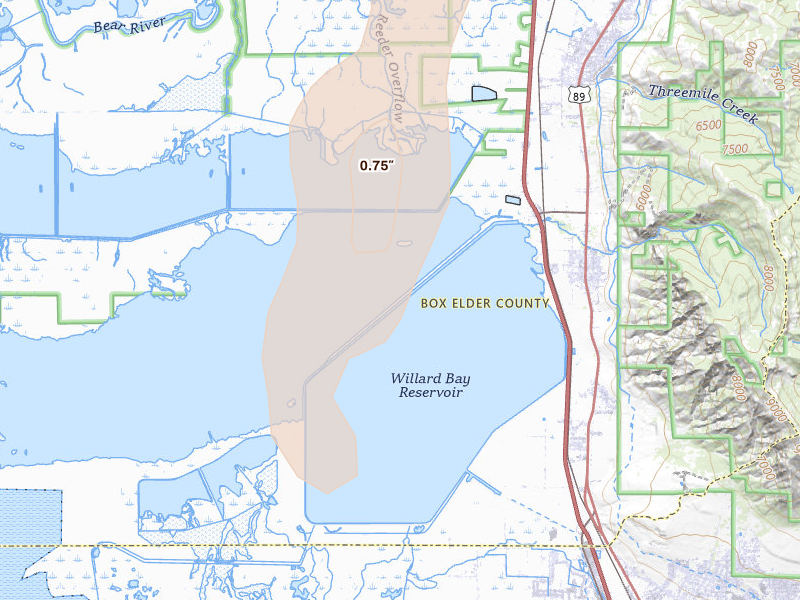 Radar-estimated hail-size map of the storm over Willard, UT on Apr 11, 2026