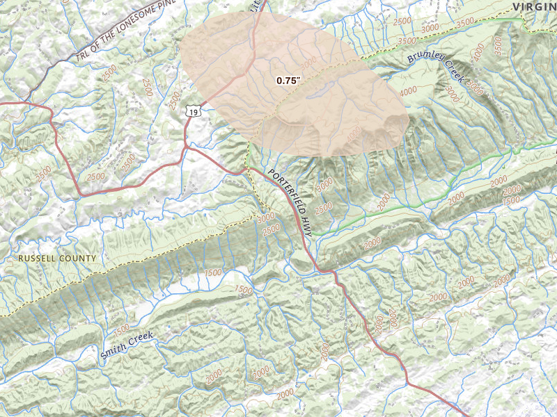 Radar-estimated hail-size map of the storm over Abingdon, VA on Mar 21, 2026
