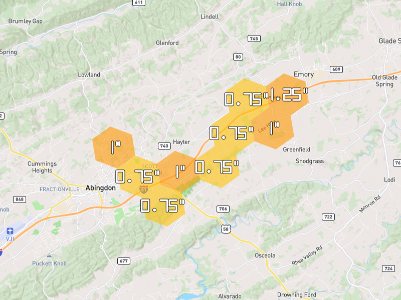 Hail map of Abingdon, VA on Jul 5, 2026, hail up to 1.25"