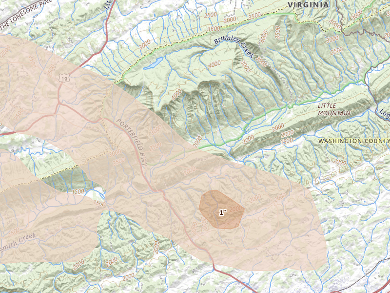 Radar-estimated hail-size map of the storm over Abingdon, VA on Aug 17, 2026