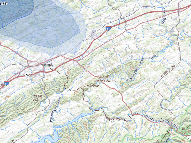 NEXRAD radar-signature map of the hail storm over Abingdon, VA on Aug 17, 2026