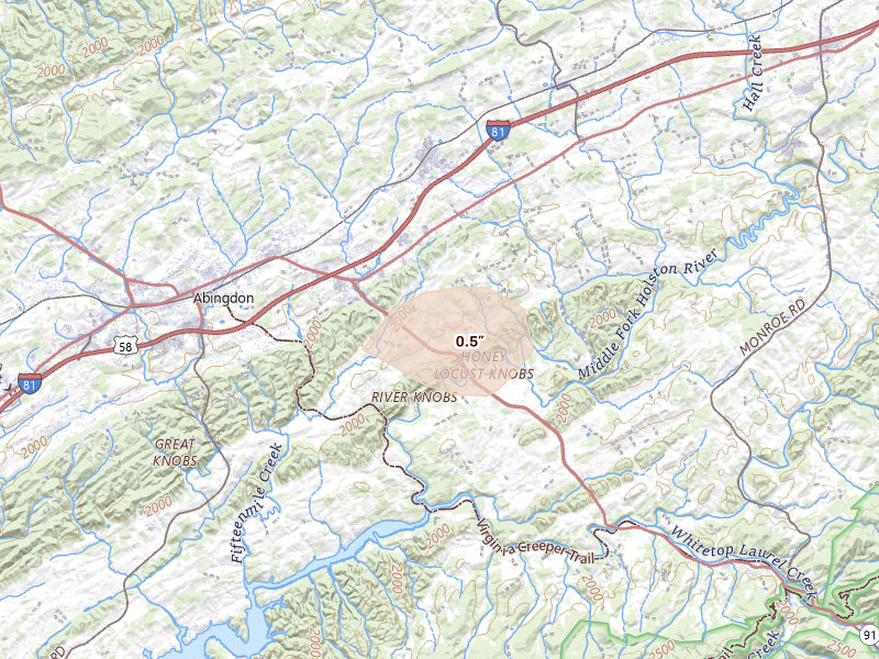 Radar-estimated hail-size map of the storm over Abingdon, VA on Aug 27, 2026