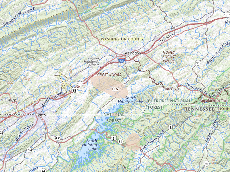 Radar-estimated hail-size map of the storm over Abingdon, VA
