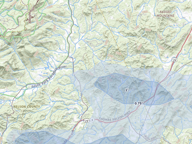 NEXRAD radar-signature map of the hail storm over Afton, VA on Jul 21, 2026