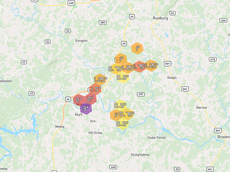 Hail map of Altavista, VA on Jul 4, 2026, hail up to 3"