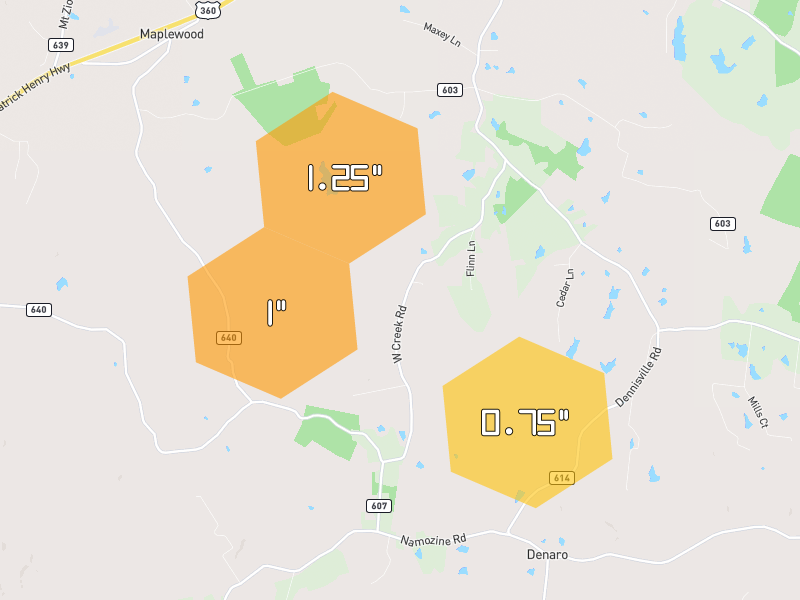 Hail map of Amelia Court House, VA on Jul 6, 2026, hail up to 1.25"