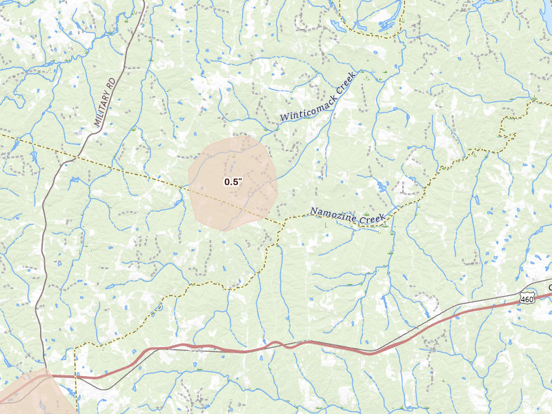 Radar-estimated hail-size map of the storm over Amelia Court House, VA on Aug 10, 2026