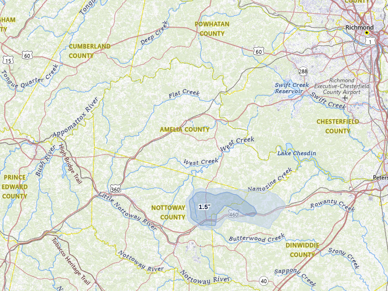 NEXRAD radar-signature map of the hail storm over Amelia Court House, VA on Aug 10, 2026