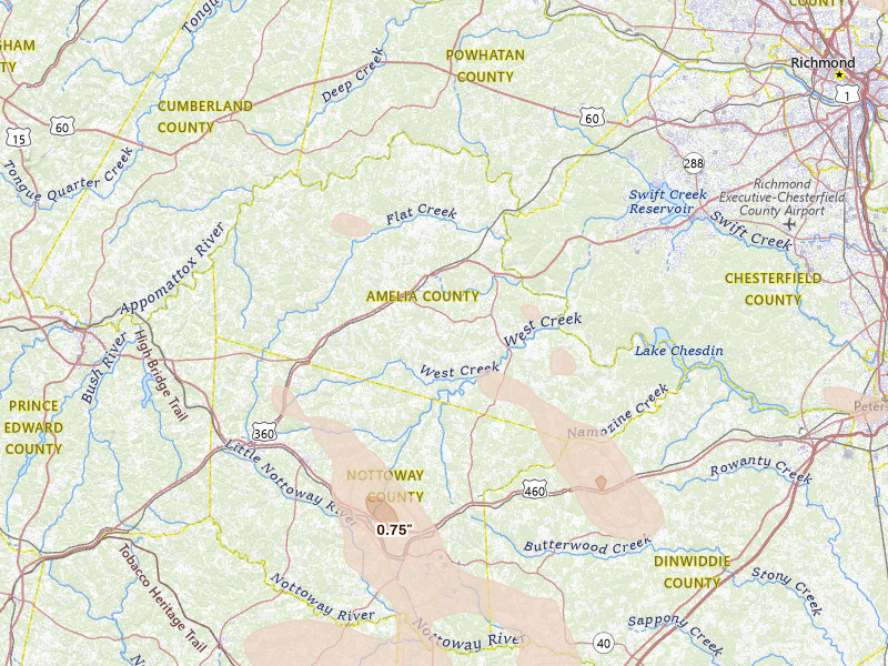 Radar-estimated hail-size map of the storm over Amelia Court House, VA