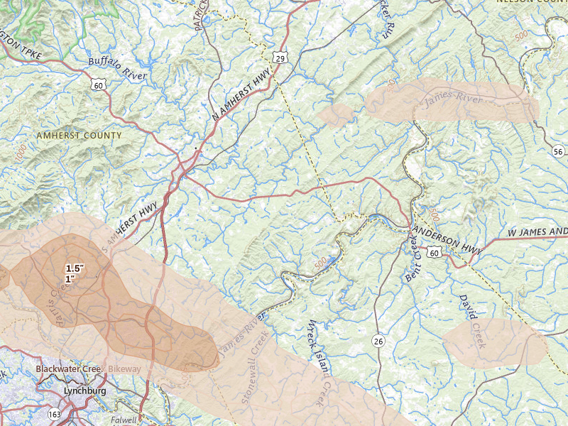 Radar-estimated hail-size map of the storm over Amherst, VA on May 27, 2026