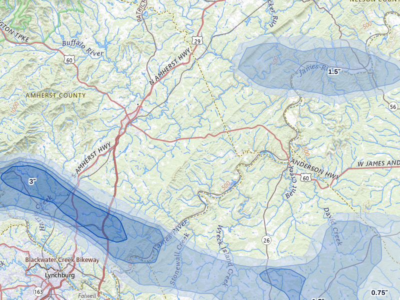 NEXRAD radar-signature map of the hail storm over Amherst, VA on May 27, 2026