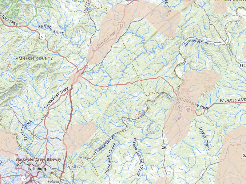 Radar-estimated hail-size map of the storm over Amherst, VA on Jul 4, 2026