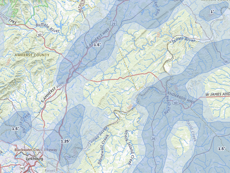 NEXRAD radar-signature map of the hail over Amherst, VA