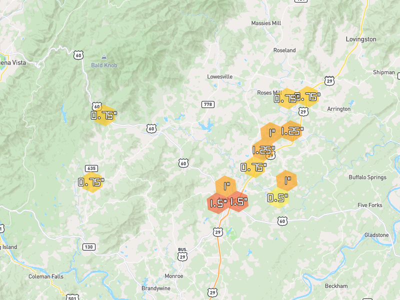 Hail map of Amherst, VA on Jul 4, 2026, hail up to 1.5"