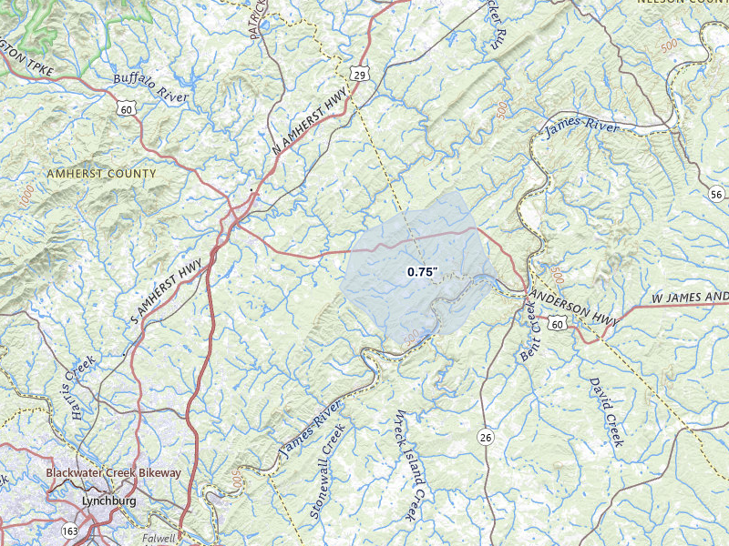 NEXRAD radar-signature map of the hail storm over Amherst, VA on Jul 5, 2026