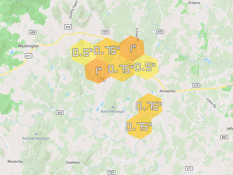 Hail map of Amissville, VA on Jul 28, 2026, hail up to 1"