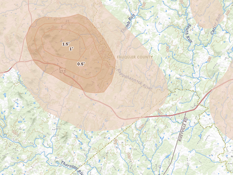 Radar-estimated hail-size map of the storm over Amissville, VA on Sep 2, 2026
