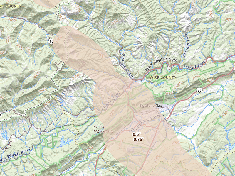 Radar-estimated hail-size map of the storm over Appalachia, VA on Aug 22, 2026