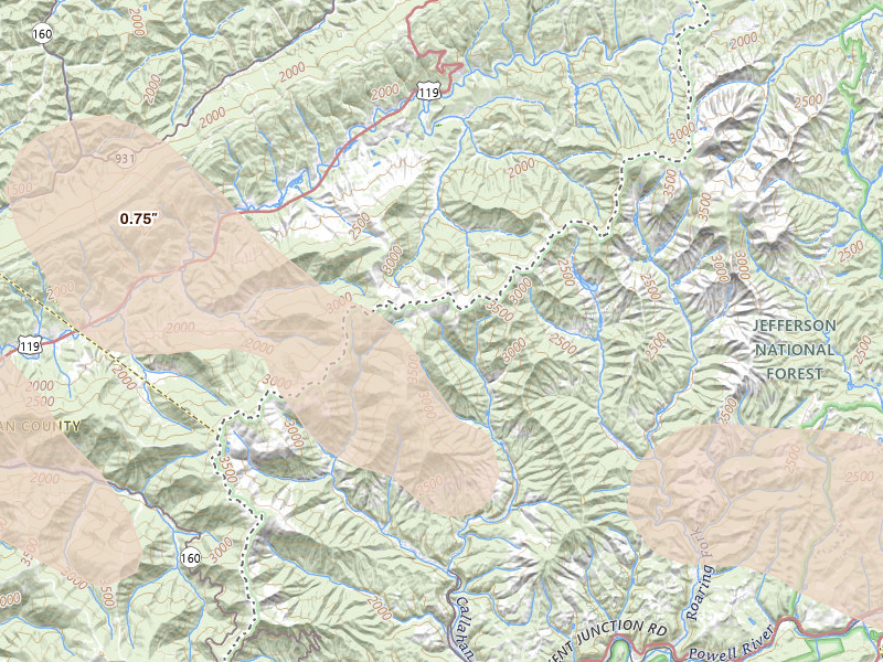 Radar-estimated hail-size map of the storm over Appalachia, VA on Sep 5, 2026