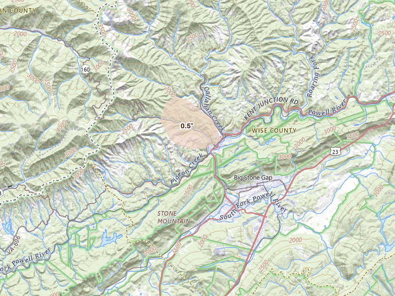 Radar-estimated hail-size map of the storm over Appalachia, VA