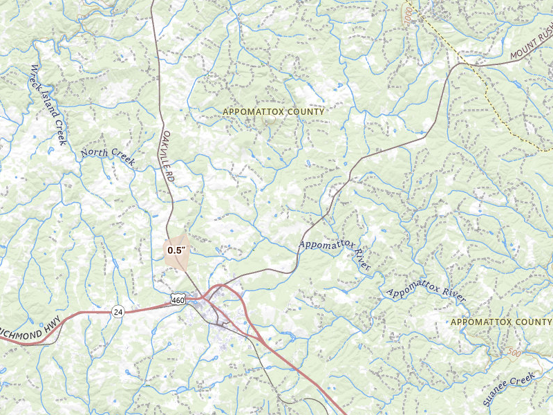 Radar-estimated hail-size map of the storm over Appomattox, VA on Apr 1, 2026