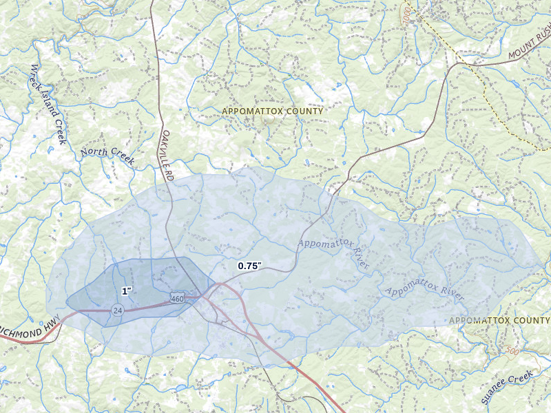 NEXRAD radar-signature map of the hail storm over Appomattox, VA on Apr 1, 2026