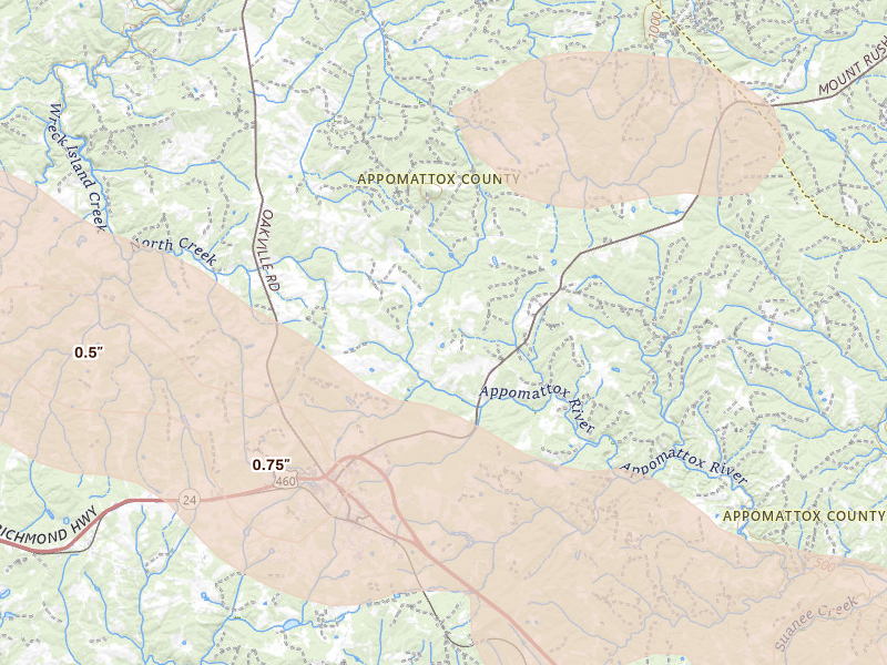 Radar-estimated hail-size map of the storm over Appomattox, VA on May 27, 2026