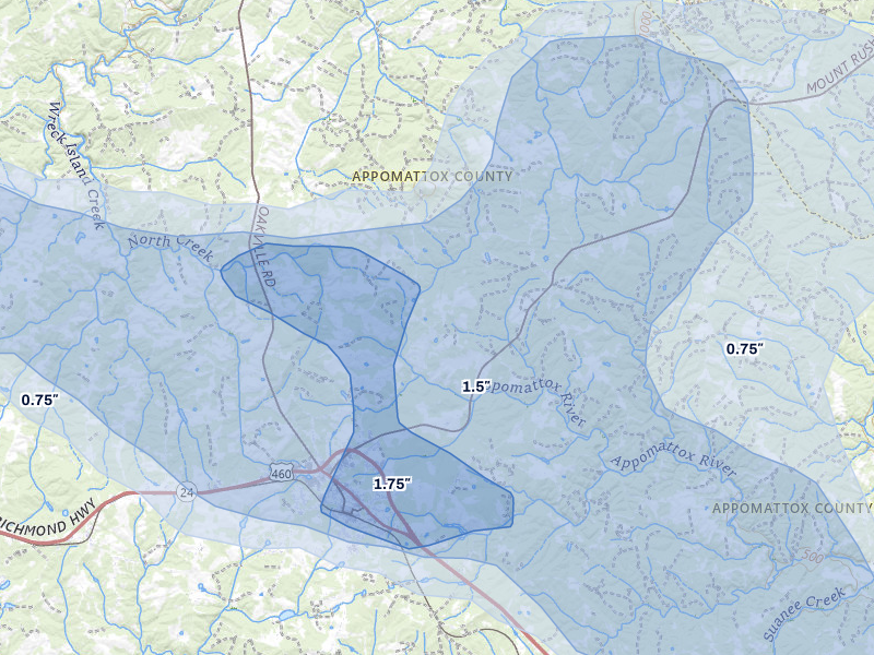 NEXRAD radar-signature map of the hail storm over Appomattox, VA on May 27, 2026