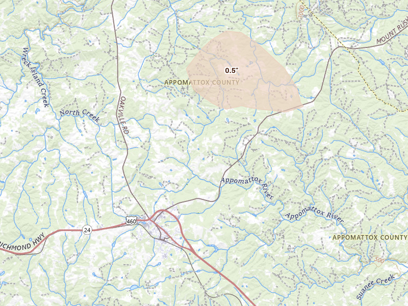 Radar-estimated hail-size map of the storm over Appomattox, VA on Jun 10, 2026