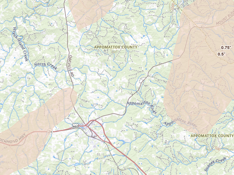 Radar-estimated hail-size map of the storm over Appomattox, VA on Jul 4, 2026