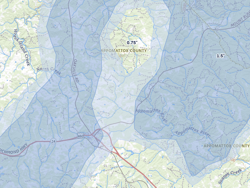 NEXRAD radar-signature map of the hail over Appomattox, VA