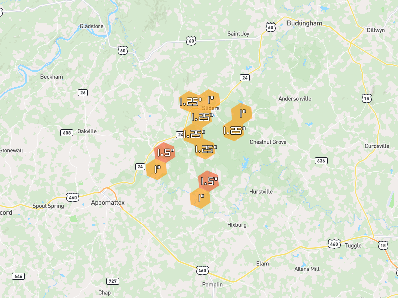 Hail map of Appomattox, VA on Jul 4, 2026, hail up to 1.5"