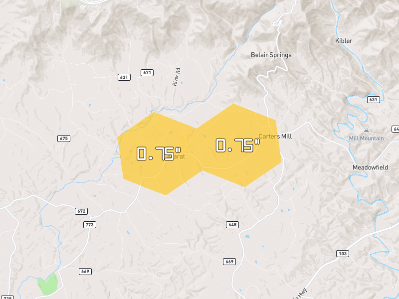 Hail map of Ararat, VA on Jul 8, 2026, hail up to 0.75"