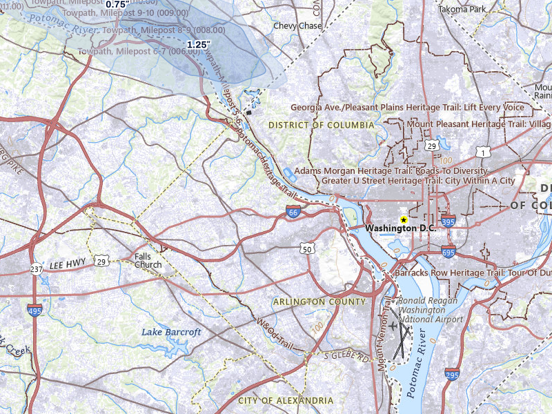 NEXRAD radar-signature map of the hail storm over Arlington, VA on Jul 28, 2026