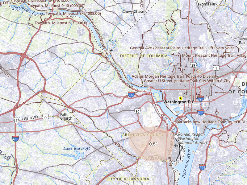 Radar-estimated hail-size map of the storm over Arlington, VA on Aug 10, 2026