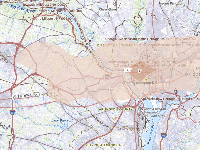 Radar-estimated hail-size map of the storm over Arlington, VA on Sep 3, 2026