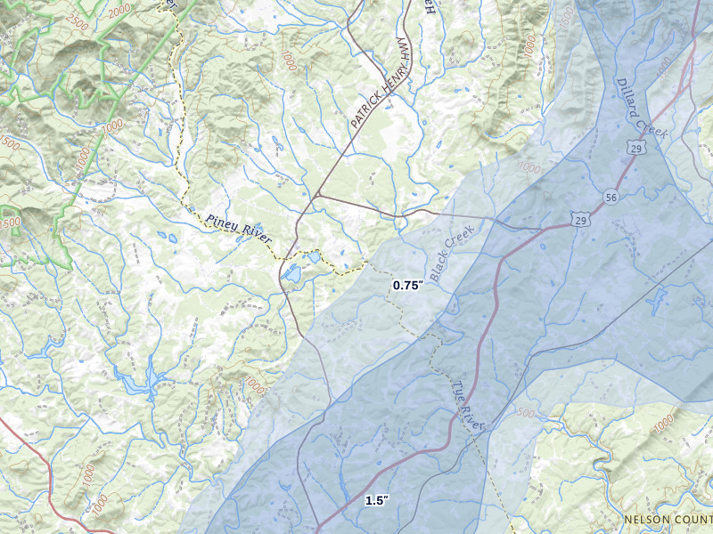 NEXRAD radar-signature map of the hail over Arrington, VA