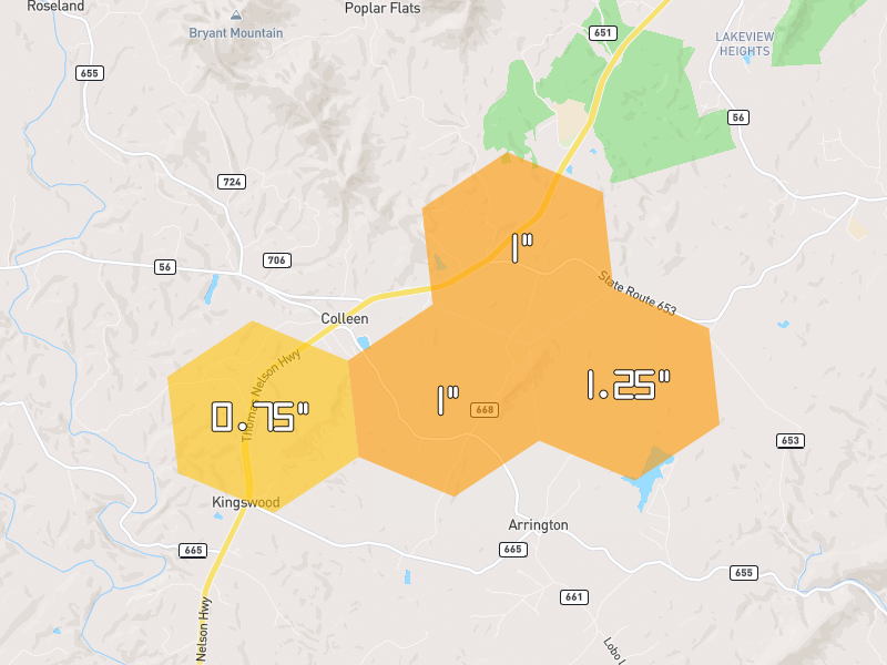 Hail map of Arrington, VA on Jul 4, 2026, hail up to 1.25"