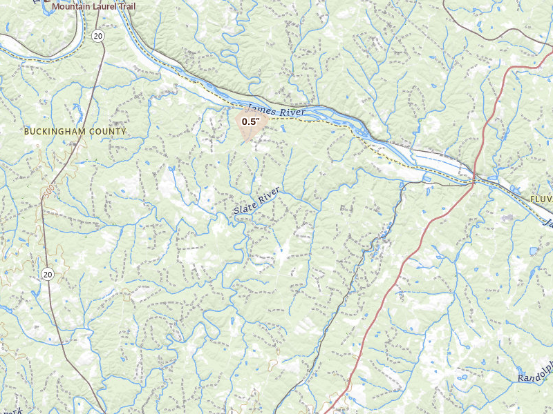 Radar-estimated hail-size map of the storm over Arvonia, VA on Jul 18, 2026