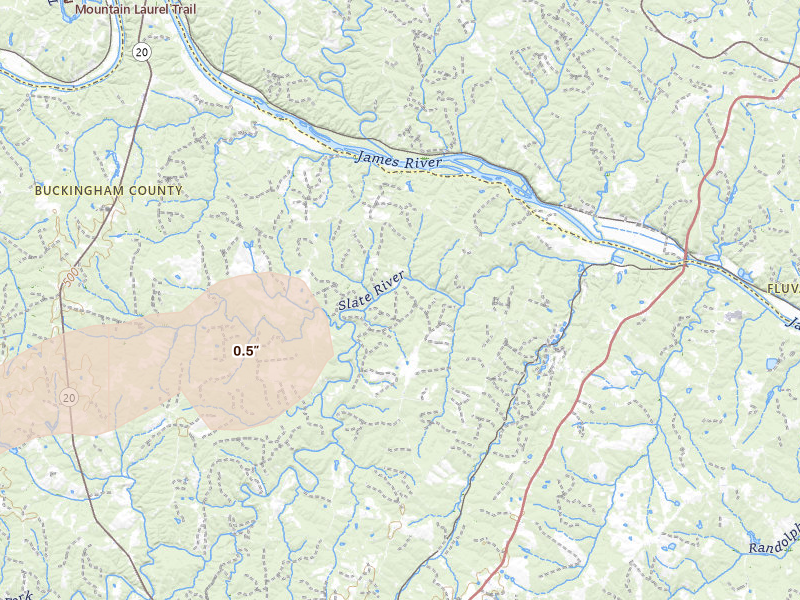 Radar-estimated hail-size map of the storm over Arvonia, VA on Jul 21, 2026