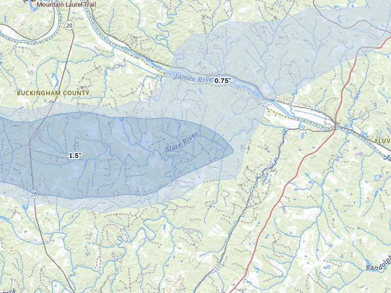 NEXRAD radar-signature map of the hail over Arvonia, VA