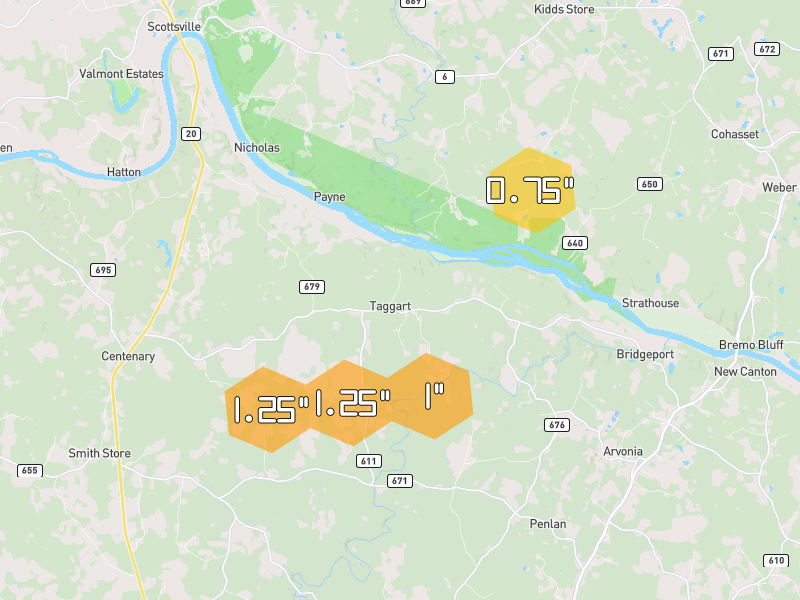Hail map of Arvonia, VA on Jul 21, 2026, hail up to 1.25"