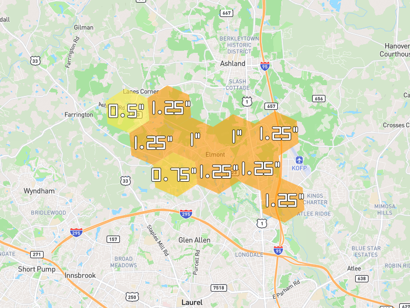 Hail map of Ashland, VA on Jul 4, 2026, hail up to 1.25"