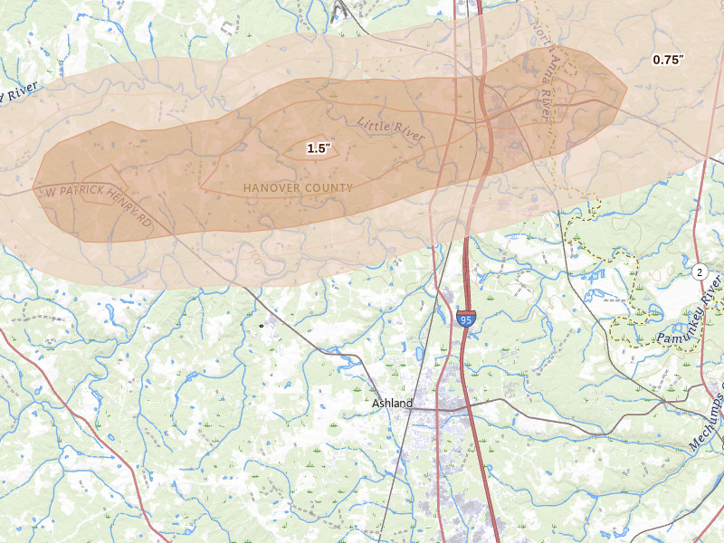 Radar-estimated hail-size map of the storm over Ashland, VA on Jul 21, 2026