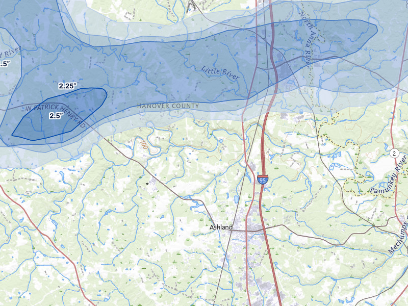 NEXRAD radar-signature map of the hail over Ashland, VA