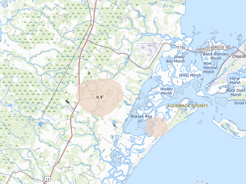 Radar-estimated hail-size map of the storm over Atlantic, VA on Jul 6, 2026