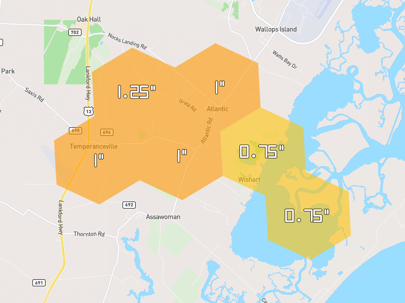 Hail map of Atlantic, VA on Jul 6, 2026, hail up to 1.25"